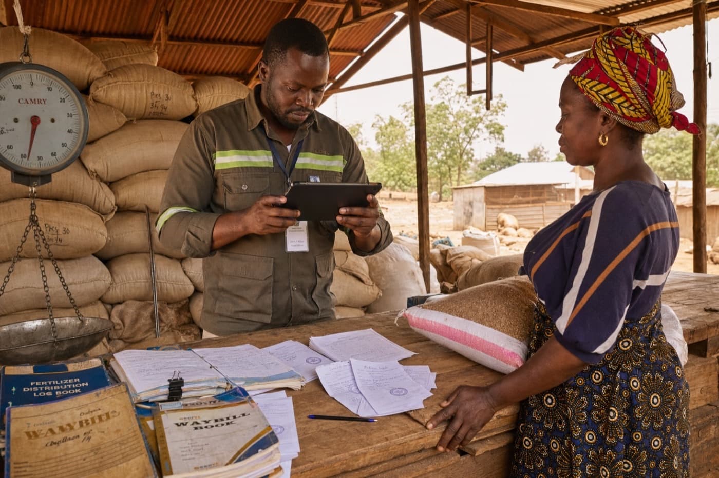 Agribusiness field officer digitizing grain delivery receipts and waybills at a rural African collection center with stacked grain sacks