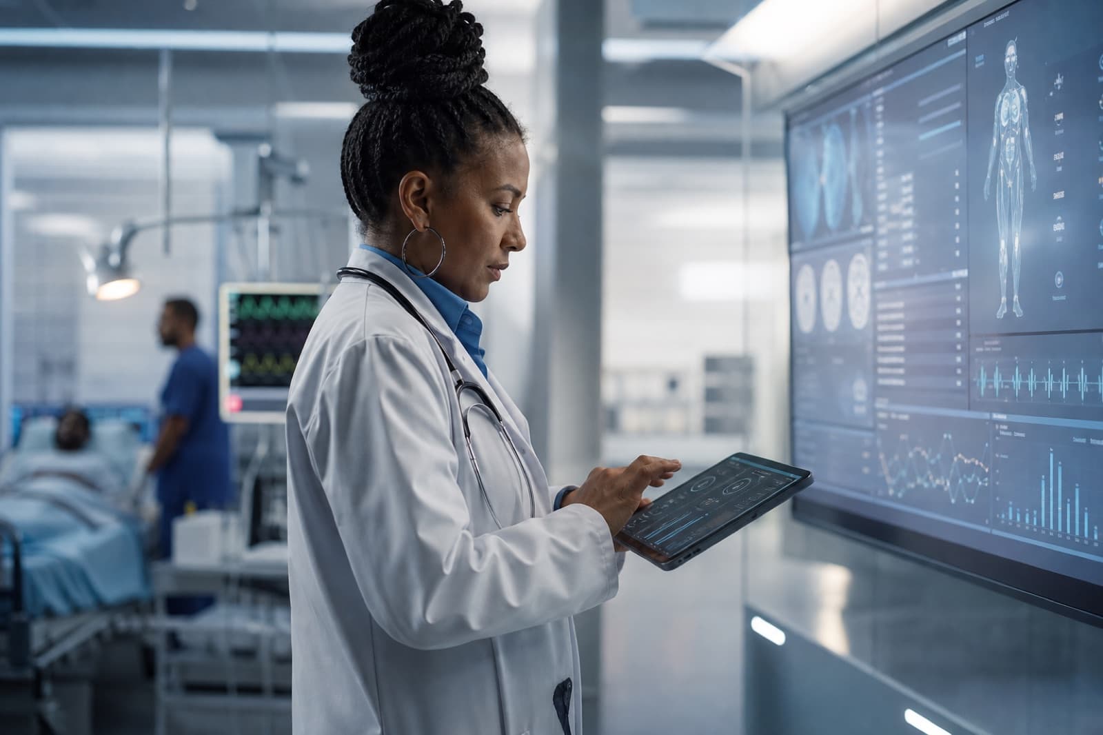 African female physician reviewing an AI-assisted patient dashboard in a modern hospital
