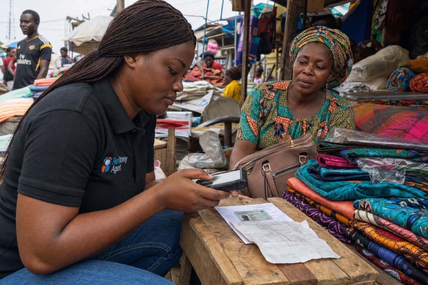 African microfinance field agent digitizing a National ID slip and trade receipt at a busy open-air market stall