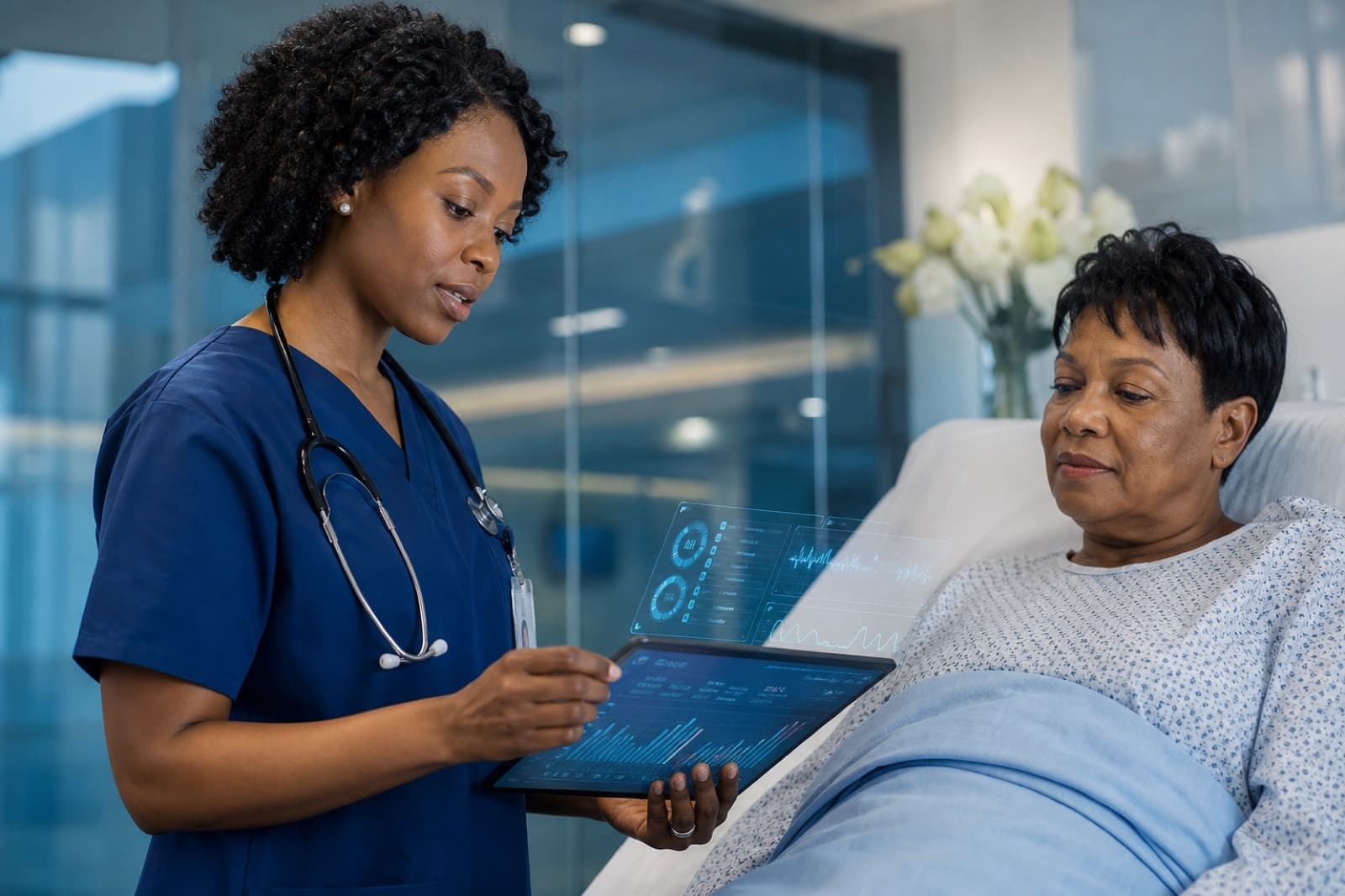 Black female nurse assisting a patient while reviewing AI-powered clinical insights on a tablet