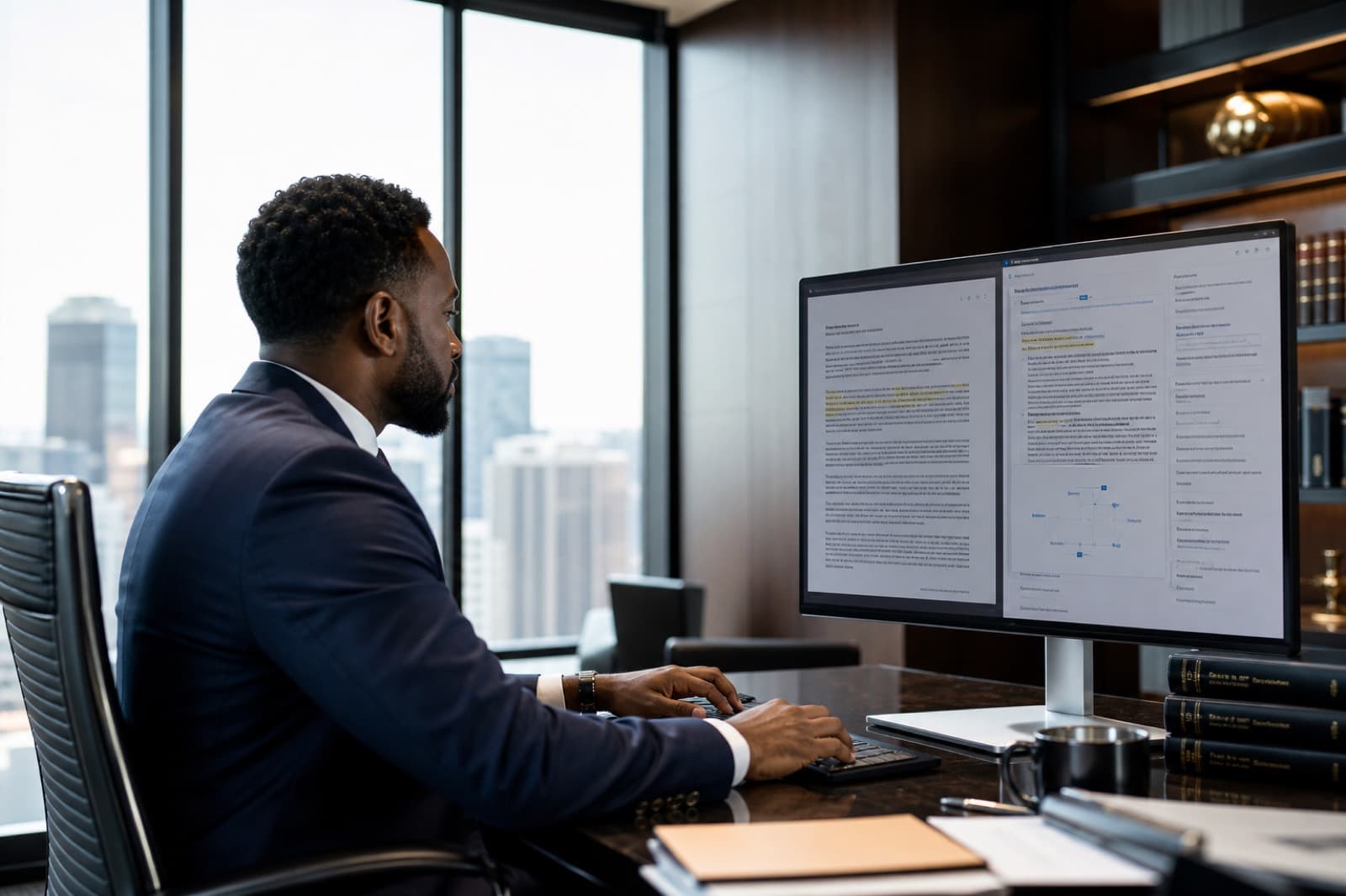 Black male attorney using AI-assisted legal research and document intelligence tools in a modern law office