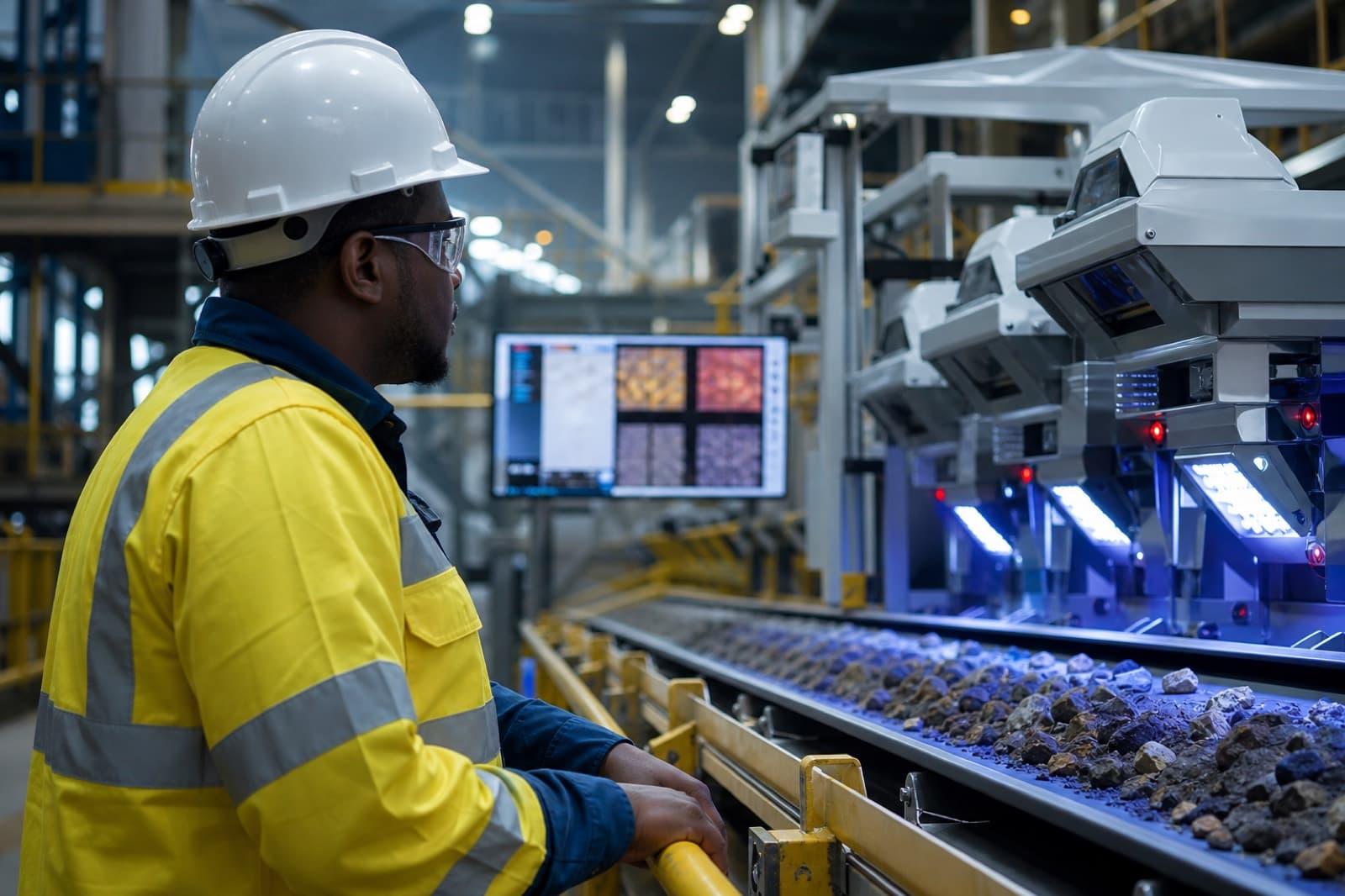 Black male mining engineer overseeing automated ore-sorting and computer vision systems